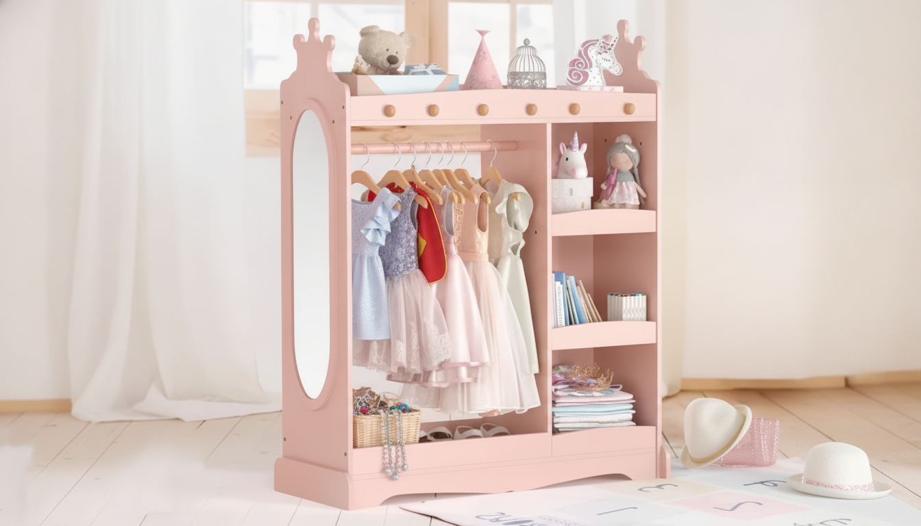 Kids Dress-Up Storage: Mirror & Hooks for Easy Cleanup